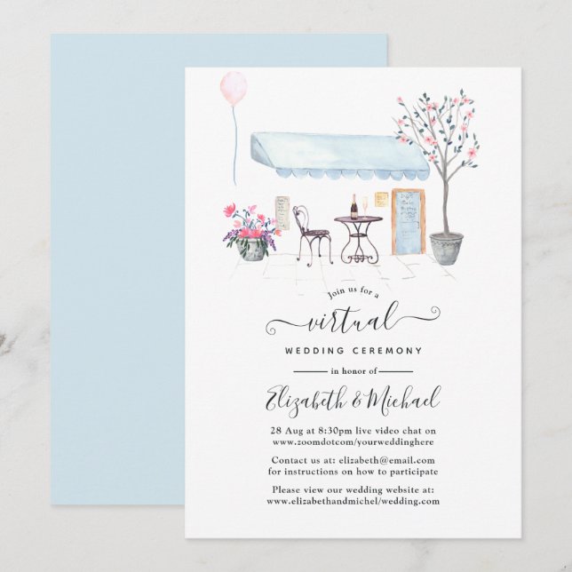 Invitation Mariage Virtuel en ligne à Paris en Aquarelle (Devant / Derrière)
