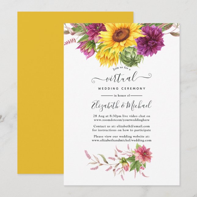 Invitation Mariage Virtuel en Ligne au Soleil Rustique (Devant / Derrière)