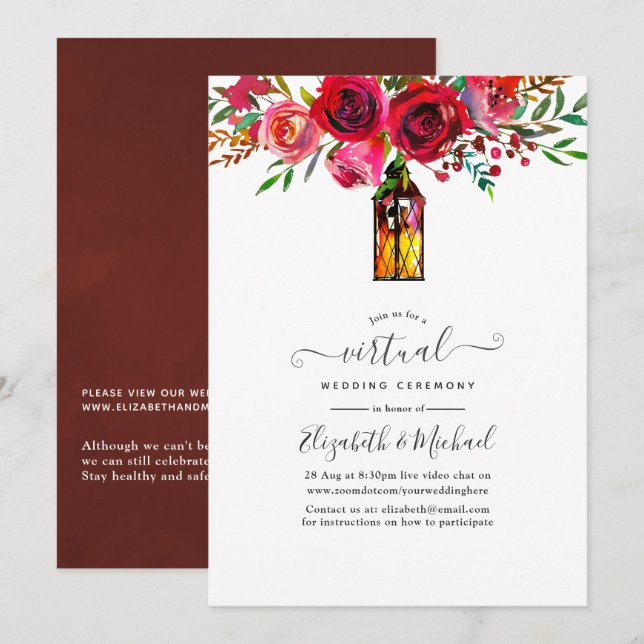 Invitation Mariage virtuel en ligne de la lanterne Florale d' (Devant / Derrière)