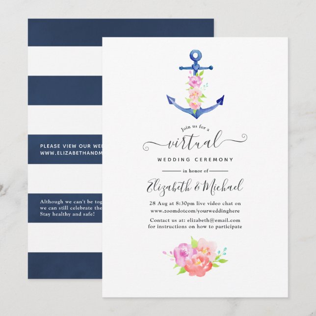 Invitation Mariage virtuel en ligne Watercolor Nautical (Devant / Derrière)
