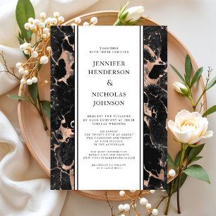 Invitation Mariage Virtuel Formel en Marbre Noir et Or Rose