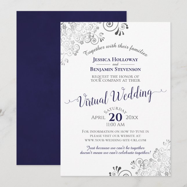 Invitation Mariage virtuel Lacy Silver Navy bleu et blanc (Devant / Derrière)