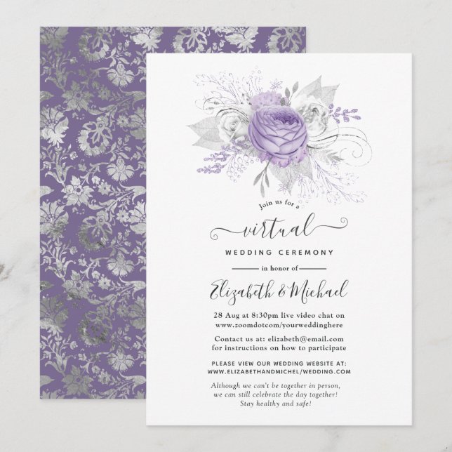 Invitation Mariage virtuel Lavande et Silver Floral (Devant / Derrière)