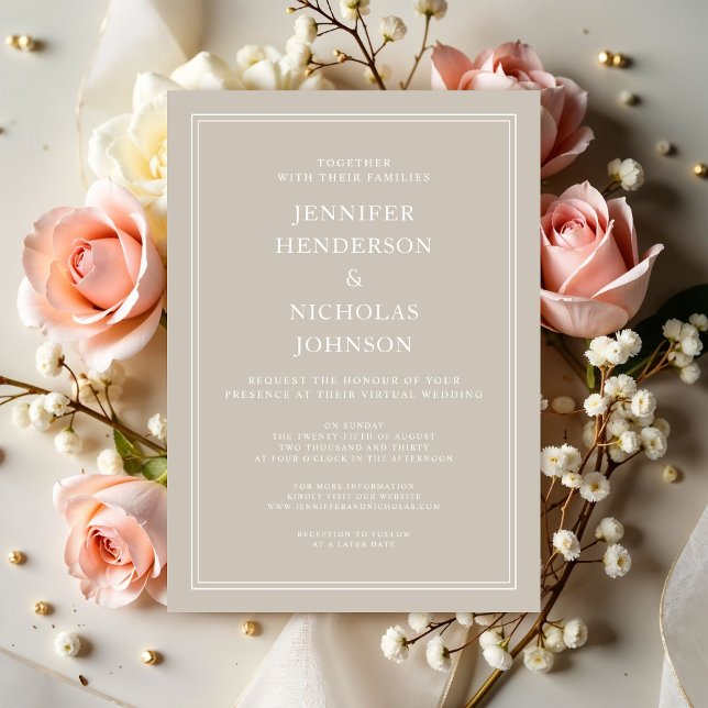 Invitation Mariage virtuel moderne élégant (Modern Elegant Taupe Virtual Wedding Invitation)