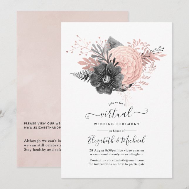 Invitation Mariage virtuel Pastel Blush et Charcoal Floral (Devant / Derrière)