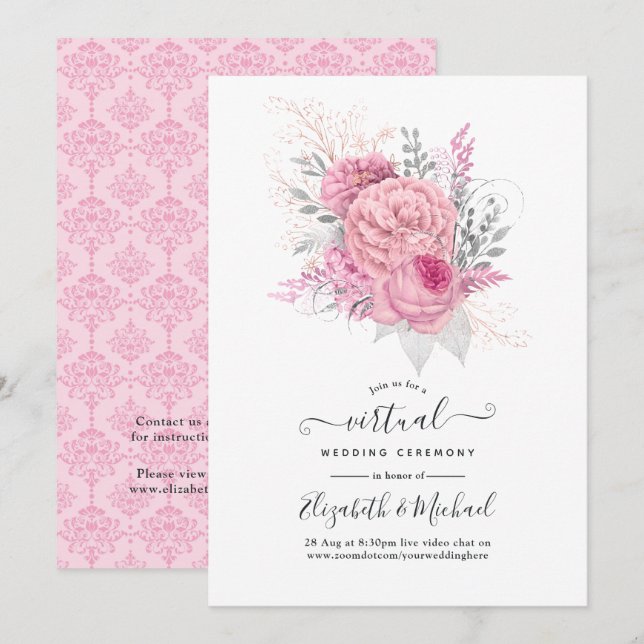 Invitation Mariage virtuel rose et argent Floral et dentelle (Devant / Derrière)