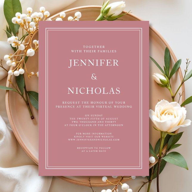 Invitation Mariage Virtuel Rose Poussiéreux Formel Élégant  (Elegant Formal Dusty Pink Virtual Wedding Invitation)