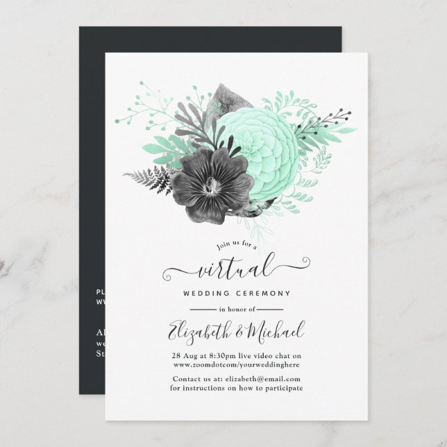 Invitation Mariage virtuel rustique de la menthe et du charbo (Devant / Derrière)