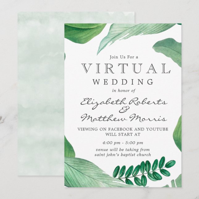 Invitation Mariage virtuel Rustique Feuille Watercolor (Devant / Derrière)