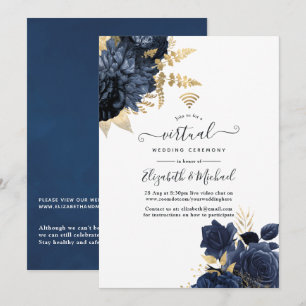 Invitation Mariage Virtuel Vintage Fleurs Roses Navy et Or