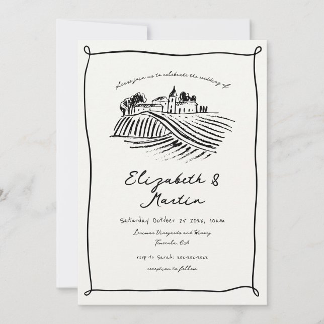 Invitation Mariage viticole à la mode noir et blanc (Devant)