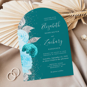 Invitation Mariage voûte turquoise argent paillettes florales