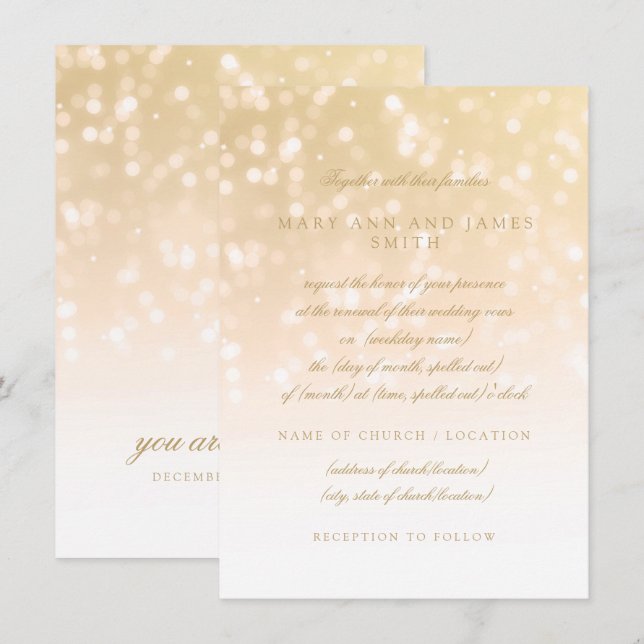 Invitation Mariage Vow Renewal Gold Bokeh Sparkle Lights (Devant / Derrière)