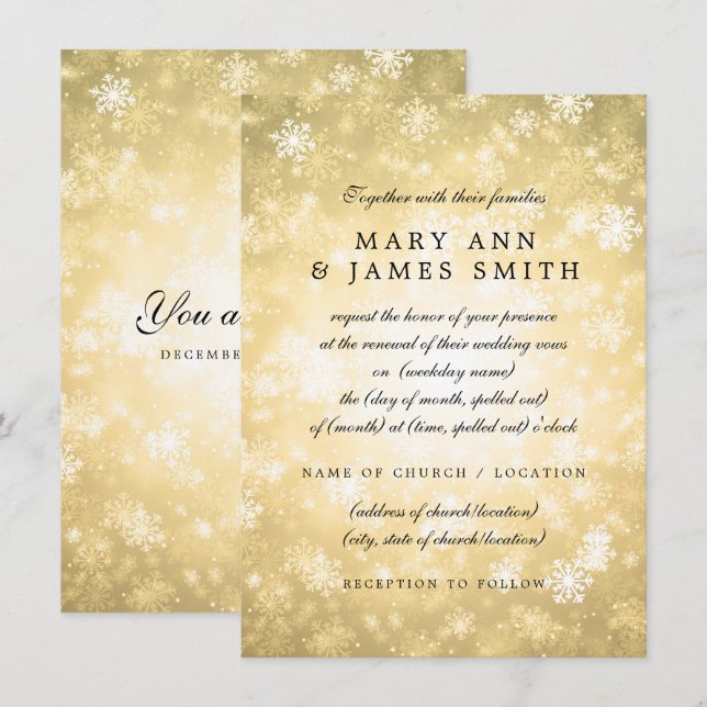 Invitation Mariage Vow Renewal Gold Winter Wonderland Sparkle (Devant / Derrière)
