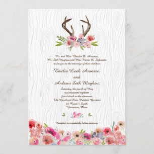 Invitation Mariage Watercolor Antlers Fleurs sauvages Faux Bo