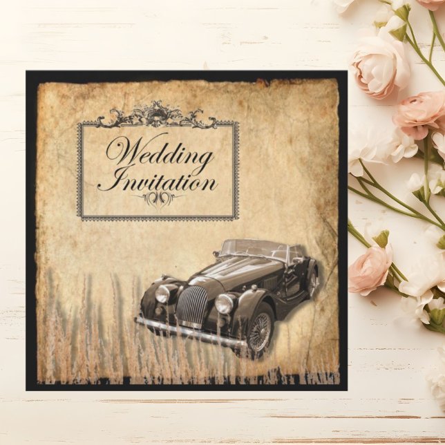 Invitation Mariage western de campagne de voiture antique rus (Rustic antique car western Country Wedding Invitation)