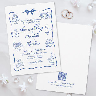 Invitation Mariage Whimsical Bleu QR Code tiré à la main