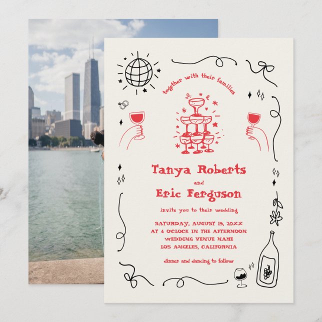 Invitation Mariage Whimsical Cocktail Champagne tiré à la mai (Devant / Derrière)