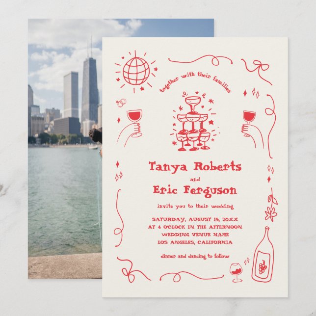 Invitation Mariage Whimsical Cocktail Champagne tiré à la mai (Devant / Derrière)