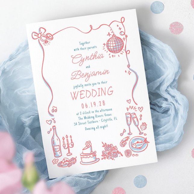 Invitation Mariage Whimsical Funky main tiré rose bleu (Dusty Blue and Pink Whimsical Quirky Retro Wedding Invitation)