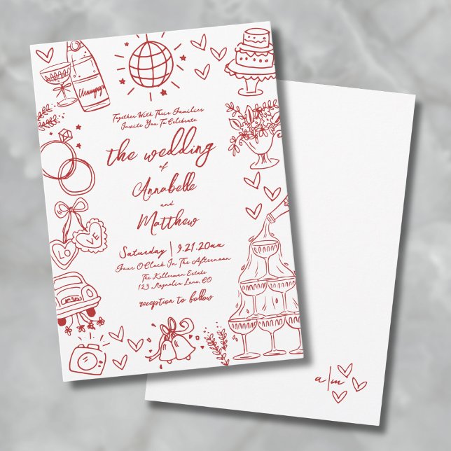 Invitation Mariage Whimsical Rouge Quirky tiré à la main (Hand Drawn Quirky Red Whimsical Wedding Invitation)