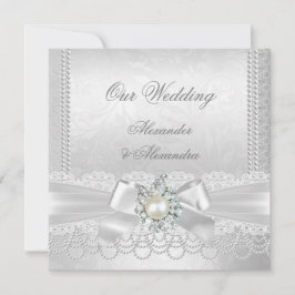 Invitation Mariage White Pearl Lace Damask Diamond Argent
