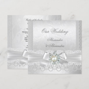 Invitation Mariage White Pearl Lace Damask Diamond Argent