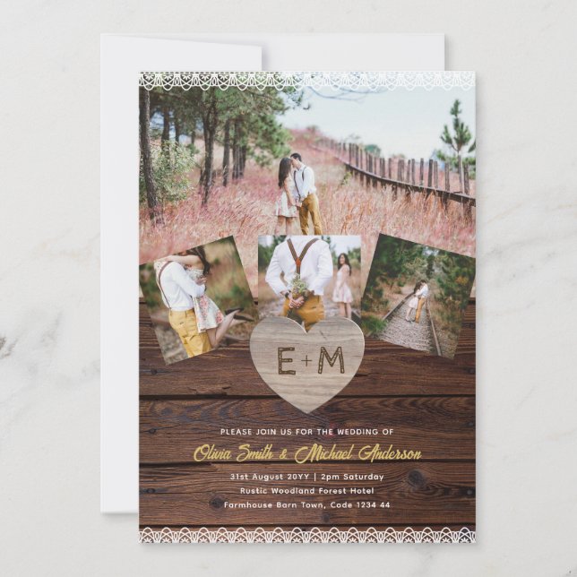 Invitation Mariage Woodland | Collage photo en dentelle de bo (Devant)