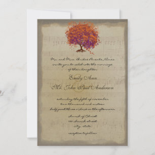 Invitation Mariages Arbre Feuille Cœur Prune Orange Or Musica