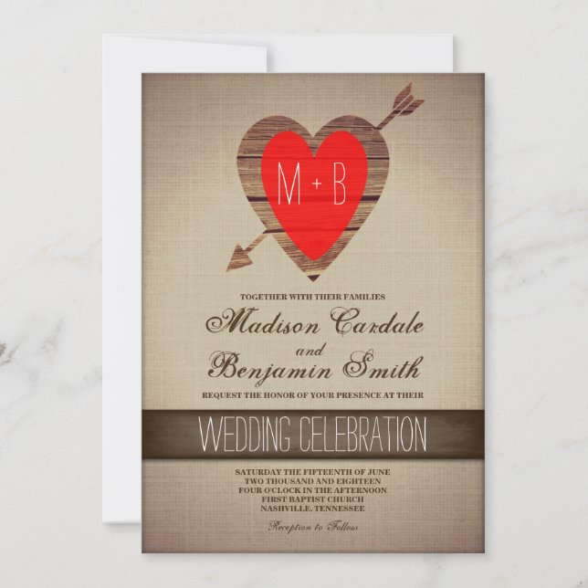 Invitation Mariages campagnards Rustic Red Heart Arrow (Devant)