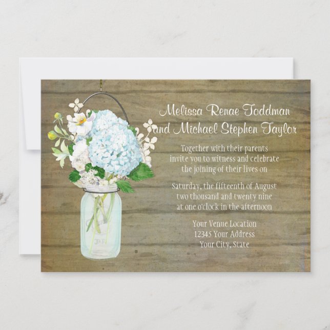 Invitation Mariages campagnards rustiques Mason Jar Blue Hydr (Devant)