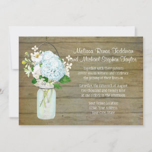 Invitation Mariages campagnards rustiques Mason Jar Blue Hydr
