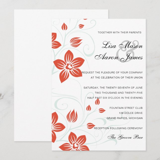 Invitation Mariages de jardin Orange et Blue Floral Mariage (Devant / Derrière)