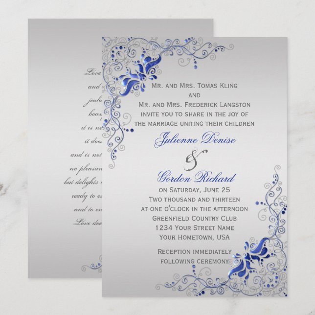 Invitation Mariages  de tourbillons floraux d'argent bleu ora (Devant / Derrière)