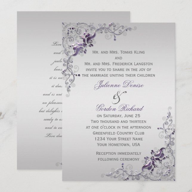 Invitation Mariages de tourbillons floraux d'argent violet or (Devant / Derrière)