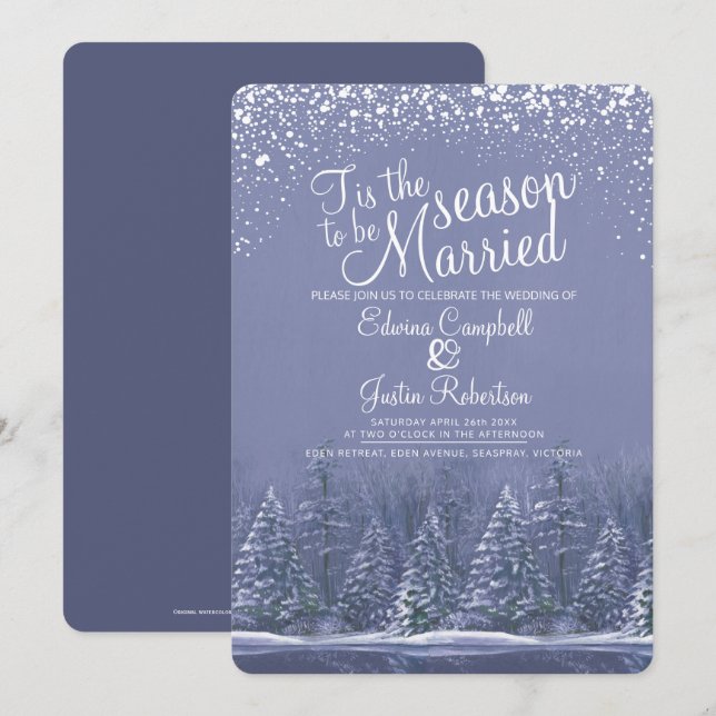 Invitation Mariages d'hiver pins lac bleu art (Devant / Derrière)