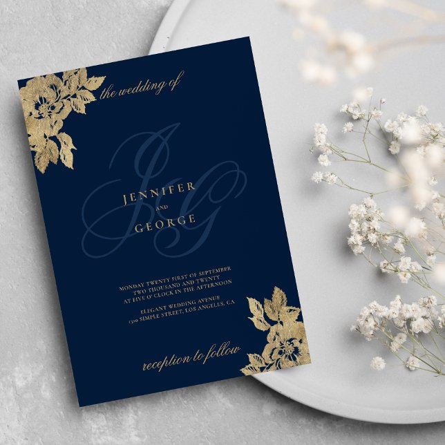 Invitation Mariages floral bleu marine or monogramme initiale (Navy blue gold monogram initials floral wedding invitation )