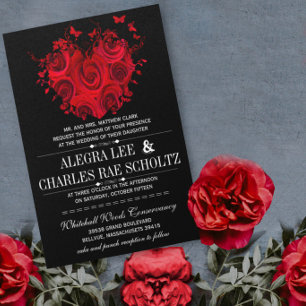 Invitation Mariages Papillon Roses Cœur Rouge & Noir