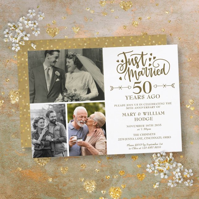 Invitation Marié 50e anniversaire de Mariage 3 Photo (Just Married 50th Wedding Anniversary 3 Photo Invitation)