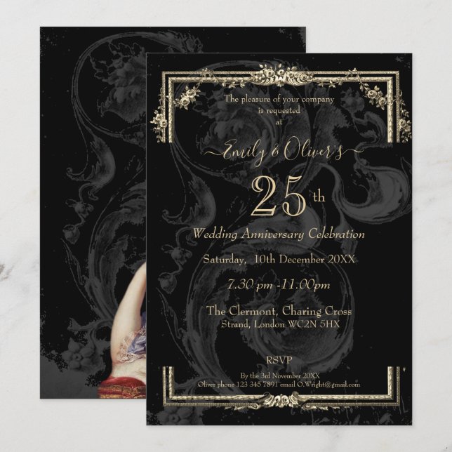 Invitation Marie Antoinette élégante sur Anniversaire noir  (Devant / Derrière)
