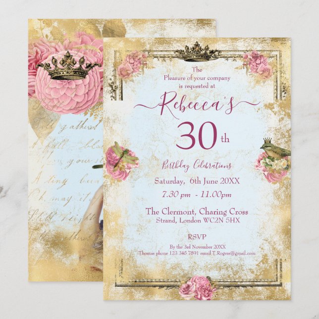 Invitation Marie Antoinette inspiration française shabby (Devant / Derrière)