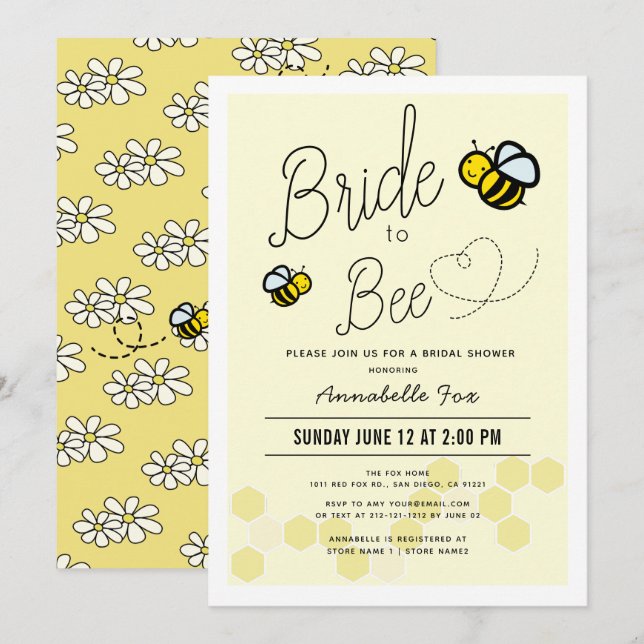Invitation Mariée à abeille Fête des mariées jaune clair (Devant / Derrière)