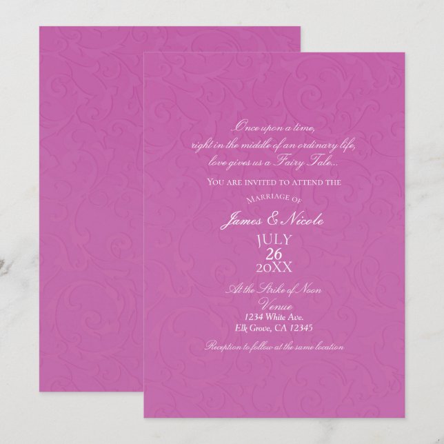 Invitation Mariée de conte de fées damassé rose Princesse Ber (Devant / Derrière)