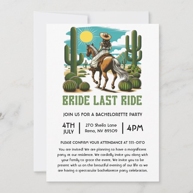 Invitation Mariée Dernier Ride Spinster Bachelorette Party (Devant)