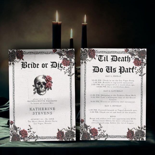 Invitation Mariée Die Goth Floral Bachelorette Party Itinérai (bride or die bachelorette party invitation weekend itinerary skull floral roses romantic moody goth)