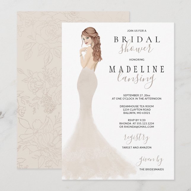 Invitation Mariée en Champagne Lace Gown Fête des mariées Inv (Devant / Derrière)