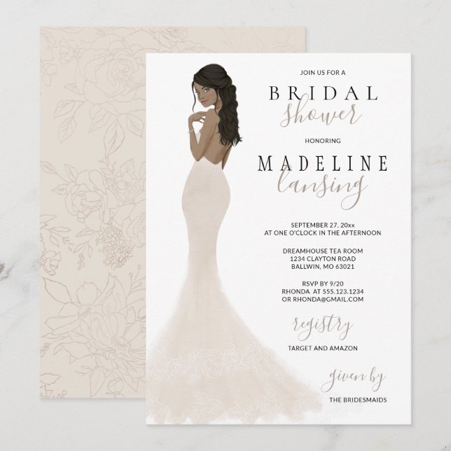 Invitation Mariée en Champagne Lace Gown Fête des mariées Inv (Devant / Derrière)
