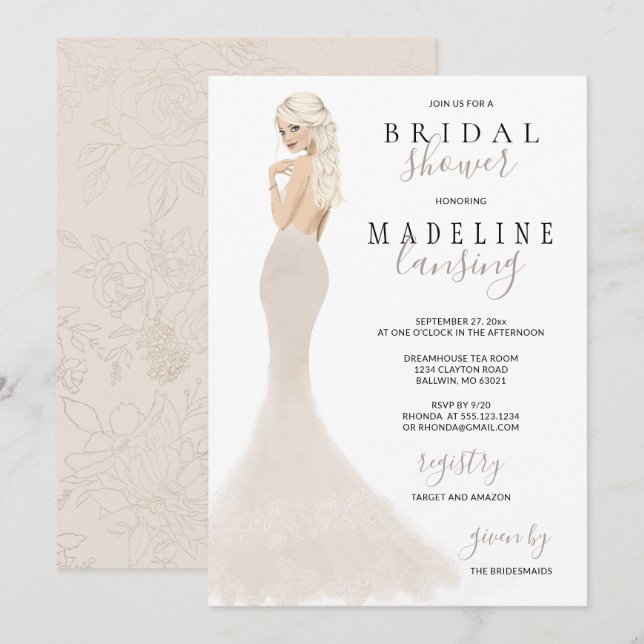 Invitation Mariée en Champagne Lace Gown Fête des mariées Inv (Devant / Derrière)