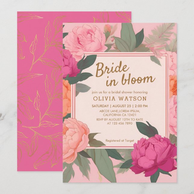 Invitation Mariée en fleurs rose et or fleurie douche nuptial (Devant / Derrière)