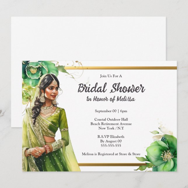 Invitation Mariée indienne hindi douche de mariée verte (Devant / Derrière)